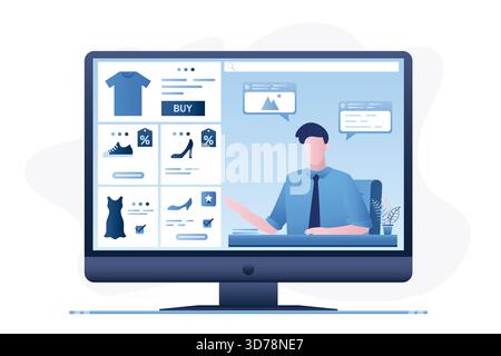 Negozio online, supporto. Shopping su Internet, operatore maschile in esposizione. Ordina i vestiti da casa. Helpdesk o call center, feedback. Telemarketing e telemarketing Illustrazione Vettoriale