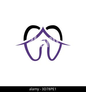Logo per la casa dentale pulita e moderna con un dente stilizzato combinato con un profilo del tetto della casa. Ideale per cliniche odontoiatriche, odontoiatria di famiglia, ortodonti Illustrazione Vettoriale