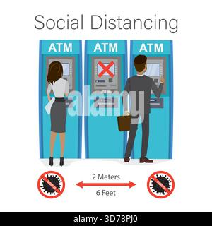 Distanziamento sociale, prevenzione del coronavirus, distanza 2 metri. Gli uomini d'affari dei cartoni animati utilizzano bancomat. Prelevare denaro dai suoi conti. Al centro Illustrazione Vettoriale