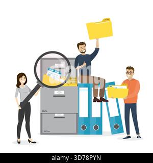 Gruppo di impiegati o dipendenti che cercano file. Raccoglitori di file, cartelle gialle con documenti. File manager, archiviazione e indicizzazione dei dati. Ricerca dei file Illustrazione Vettoriale