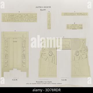 Altes Reich, Dynastie IV, V. Pyramiden von Giseh, Jîzah. L'illustrazione presenta diversi elementi legati alle piramidi di Giza, tra cui componenti specifici come le pietre da costruzione utilizzate nel villaggio di Kafr el Batran, insieme alle raffigurazioni delle Graves 94 e 99. L'opera fa parte di una collezione creata tra il 1849 e il 1856, pubblicata da Nicolaische Buchhandlung a Berlino. La pagina include sei immagini che mostrano antichità egizie, piramidi, geroglifici, figure di faraoni, aspetti religiosi, elementi architettonici e bassorilievi Foto Stock