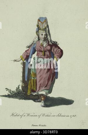 Abitudine di una donna di Wotiac in Siberia nel 1768, illustrata da Chappe d'Auteroche. Questa incisione colorata a mano, pubblicata da T. Jefferys a Londra tra il 1757 e il 1772, raffigura l'abbigliamento tradizionale delle donne Wotiak durante il XVIII secolo. L'opera fa parte di una collezione incentrata sulla storia dell'abbigliamento e dell'abbigliamento femminile in Siberia dal 1700 al 1799 Foto Stock