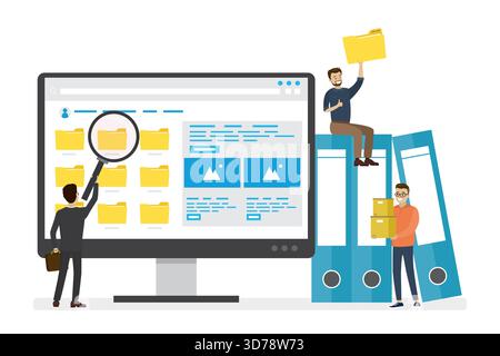 Schermo di monitoraggio con cartelle gialle, documenti e contenuti multimediali. Impiegati di ufficio o dipendenti che cercano e indicizzano file. File manager, data stor Illustrazione Vettoriale