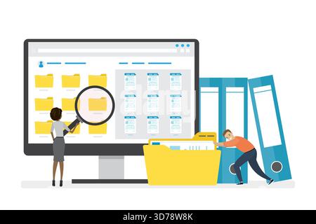 Monitor con cartelle gialle, documenti e contenuti multimediali. Impiegati o dipendenti che cercano e indicizzano i file. File manager, memorizzazione dati. Illustrazione Vettoriale