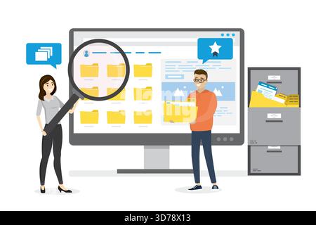 Impiegati o dipendenti che cercano e indicizzano i file. Monitor con cartelle gialle, documenti e contenuti multimediali. File manager, memorizzazione dati. Illustrazione Vettoriale