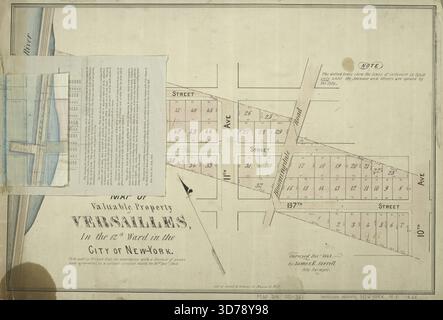 Mappa di proprietà di valore a Versailles nel dodicesimo distretto della città di New York, pubblicata da Serrell & Perkins nel 1848. La mappa misura 40 x 59 cm ed è colorata a mano. Include informazioni immobiliari per Hamilton Heights a New York, New York. La mappa è stata pubblicata dalla litografia di Serrell & Perkins situata al 75 di Nassau St., New York Foto Stock
