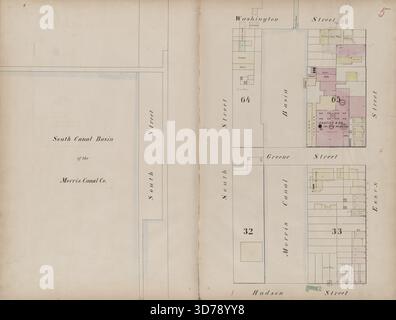 Double Page Plate No. 5 Mappa di Jersey City, delimitata da Washington St., Essex St., Hudson St. E South St., pubblicata da I.B. Culver & Co. Nel 1866. Questa mappa dell'assicurazione antincendio descrive la disposizione e i confini di Jersey City, N.J Foto Stock