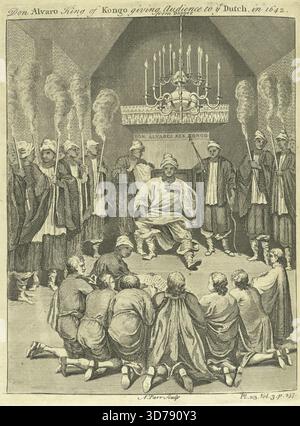 Un'incisione raffigurante Don Alvaro, re del Congo, che dà udienza agli olandesi. Pubblicata da T. Astley a Londra tra il 1745 e il 1747, questa immagine fu creata nel 1642. Rientra nelle categorie dei re e dei governanti Foto Stock