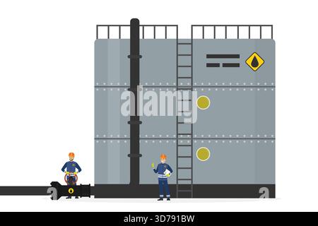 Serbatoio di stoccaggio dell'olio. Contenitore in acciaio con tubo e scala. Il lavoratore Oilman gira la valvola della conduttura, l'ingegnere controlla il lavoro. Industria petrolifera, lavoratori in speci Illustrazione Vettoriale