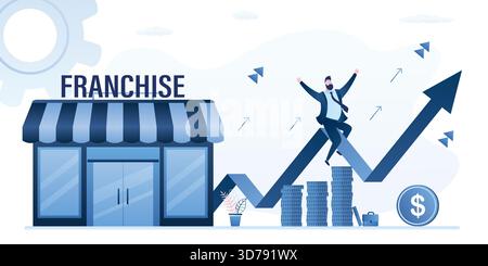 Uomo d'affari felice e di successo seduto sulla freccia del grafico di crescita. Profitto finanziario, attività aperta dal franchising. Personaggio maschile e negozio in tr Illustrazione Vettoriale