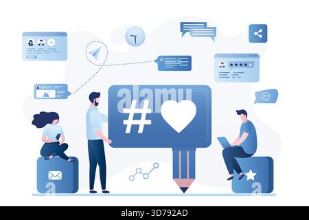 Varie persone che chattano in messaggeri o social media. Comunicazioni tra uomini e donne via Internet. Concetto di condivisione di notizie e social networking. Chara Illustrazione Vettoriale