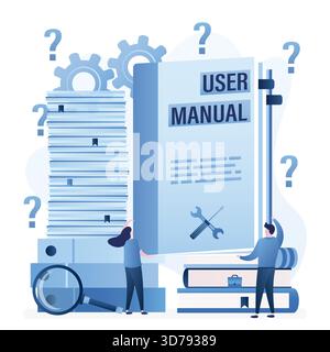 Banner concettuale del manuale d'uso. Gli uomini d'affari sono in possesso di una guida o di un libro di testo. Documenti dell'ufficio, dipendenti con guida di testo. Scrittura tec Illustrazione Vettoriale