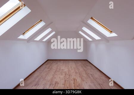 Camera all'attico luminosa e spaziosa con lucernari che mostrano un design architettonico moderno Foto Stock
