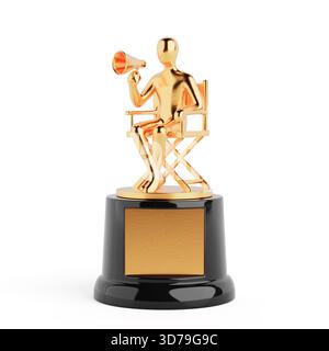 Concetto di regia e riconoscimento della pellicola. Golden Director Trophy seduta su sedia con megafono su sfondo bianco. Rendering 3d. Foto Stock