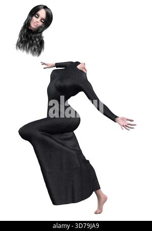 Donna horror gotica 3D con lunghi capelli neri, pelle chiara e occhi scuri, con indosso un abito floreale nero, la testa è separata dal corpo. Dramati inquietanti Foto Stock