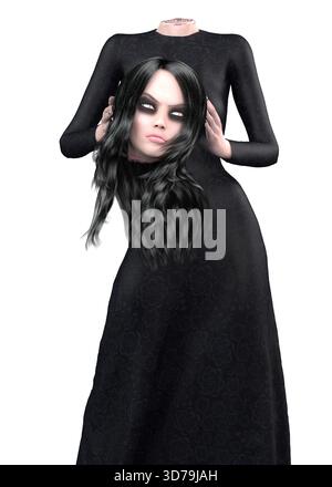 Donna horror gotica 3D con lunghi capelli neri, pelle chiara e occhi scuri, con indosso un abito floreale nero, la testa è separata dal corpo. Dramati inquietanti Foto Stock
