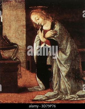 LEONARDO da Vinci (1452, Vinci, 1519, Cloux, vicino ad Amboise) Annunciazione (dettaglio) 1478-82 olio sul pannello Mus?e du Louvre, Parigi il dettaglio mostra la Vergine annunciata. --- parole chiave: --------------- Autore: LEONARDO da Vinci titolo: Annunciazione (dettaglio) Time-line: 1451-1500 Scuola: Italian form: Painting Type: Religious Foto Stock