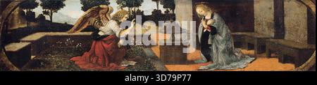 LEONARDO da Vinci (1452, Vinci, 1519, Cloux, vicino Amboise) Annunciazione 1478-82 olio su tavola, 16 x 60 cm Mus?e du Louvre, Parigi questa Annunciazione predella faceva originariamente parte dell'altare della Madonna di Piazza nella cattedrale di Pistoia, commissionata al Verrocchio e prodotta tra il 1475 e il 1485 con l'aiuto di Lorenzo di crediti nella bottega di Verrocchio. La partecipazione di Leonardo ai lavori sull'altare è oggetto di dibattito. --- parole chiave: --------------- Autore: LEONARDO da Vinci titolo: Annunciazione Time-line: 1451-1500 Scuola: Italiano forma: Pittura tipo: Reli Foto Stock