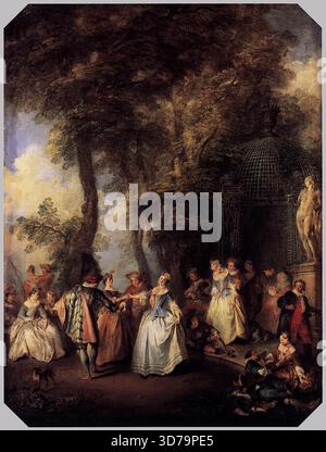 LANCRET, Nicolas (B. 1690, Parigi, d. 1743, Parigi) le Moulinet - olio su tela, 129 x 95 cm Schloss Charlottenburg, Berlino i ciondoli decorativi, le Moulinet, e Dance in a Pavilion, sono tipici dell'arte di Lancret, con donne che sono quasi in modo allarmante non individualizzate e uomini ma un po' più identificabili. --- parole chiave: --------------- Autore: LANCRET, Nicolas titolo: Le Moulinet Time-line: 1701-1750 Scuola: Francese forma: Pittura tipo: Genere Foto Stock