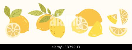 Set di limoni piatti con fette e foglie Illustrazione Vettoriale