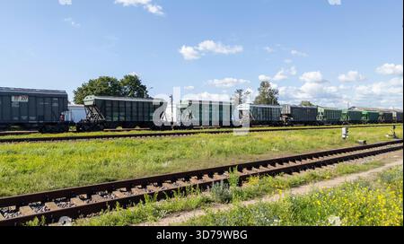 Vagoni ferroviari per il trasporto di pietre frantumate e materiali edili sfusi. Vagoni merci sui binari in una giornata di sole. Trasporto di merci per ferrovia. Foto Stock
