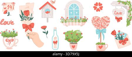 Un bellissimo set di San Valentino con bottiglia, busta, fiori e balcone Illustrazione Vettoriale