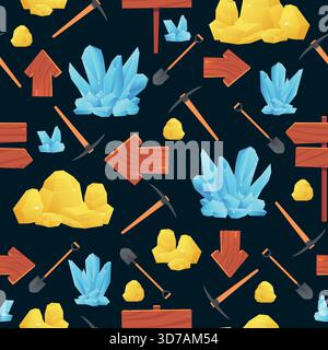 Strumenti per minatori modello senza cuciture. Piccone da miniera e pala. Cristalli preziosi. Stampa ripetuta. Puntatore a freccia in legno. Minerale d'oro. Estrazione di minerali Illustrazione Vettoriale