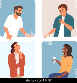 Uomini e donne alle finestre. Colleghi lavoro di squadra. Videoconferenza online. Ritratti di persone in cornici quadrate. Comunicazione remota in ufficio. Amici Illustrazione Vettoriale