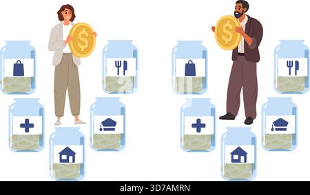 Uomo e donna stanziano denaro per l'istruzione, l'alloggio, il cibo, la medicina e lo shopping. Pianificazione del budget. Gestione finanziaria. Risparmi in vasetti di vetro Illustrazione Vettoriale