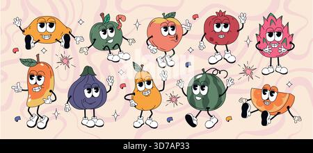 Set vettoriale di vivaci personaggi hippie in stile retrò. Cartoni animati adesivi estivi, funky comico doodle mele, limone, anguria, fichi, arancia, pesca e mango tropicale con facce divertenti Illustrazione Vettoriale