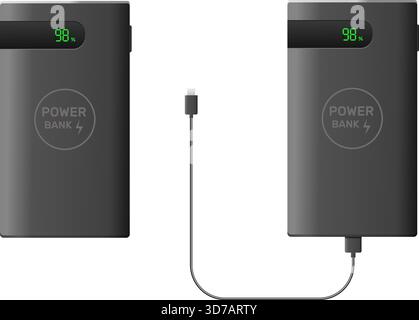Batteria esterna realistica con cavo di ricarica e display elettronico. Connettore USB del cavo dell'accumulatore. Percentuale dell'indicatore di energia. Ricarica gadget. Vettore Illustrazione Vettoriale