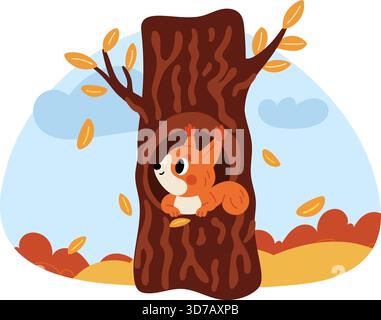 Lo scoiattolo dei cartoni animati si trova nella cavità degli alberi sullo sfondo di una splendida foresta autunnale con foglie che cadono. Carino personaggio soffice in casa. Mammiferi Illustrazione Vettoriale