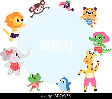 Gli animali dei cartoni animati tengono un grande poster rotondo pulito. Leone e giraffa con cartellone. Tavola dei mammiferi. Scimmia ed elefante divertenti. Creature con firma Illustrazione Vettoriale