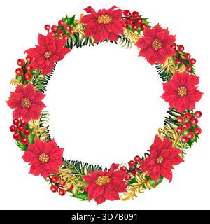 Vivace corona natalizia con puntette rosse, bacche agrifoglio, rami di abete e vignette dorate. Elegante modello di cornice ad acquerello per schede, invito Foto Stock