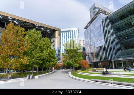 New York City New York - 7 novembre 2025: Cornell Tech Walk su Roosevelt Island a New York City con persone sedute fuori Foto Stock
