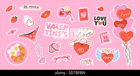 Confezione di adesivi per San Valentino. Elementi isolati. Illustrazione Vettoriale
