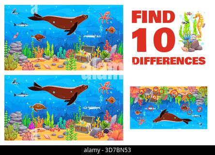 Il gioco per bambini trova dieci differenze sul paesaggio marino sottomarino con animali oceanici. Enigma del foglio di lavoro dei cartoni animati vettoriali trova 10 cambiamenti visivi tra due immagini di vita marina con pesci, tartarughe e tesori Illustrazione Vettoriale