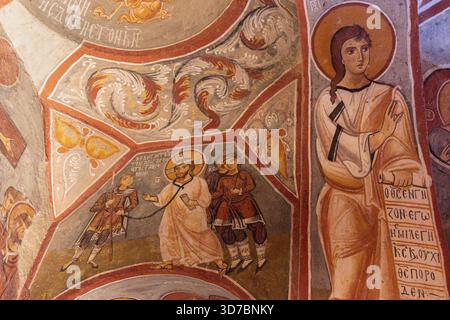 Affresco in una chiesa sotterranea, tagliata nel tufo, Goreme Oren Yeri, Cappadocia, Turkiye Foto Stock