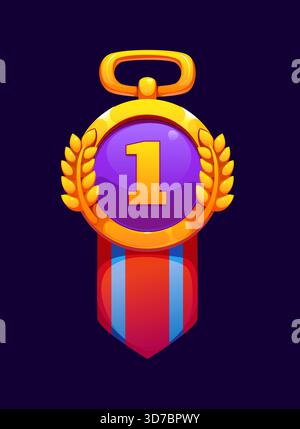 Icona del premio della medaglia di gioco, trofeo della vittoria e del raggiungimento con numero uno, corona d'alloro dorato e nastro rosso blu. Distintivo oro vettoriale cartoni animati, risorsa di gioco, che rappresenta il successo o la vittoria della competizione Illustrazione Vettoriale