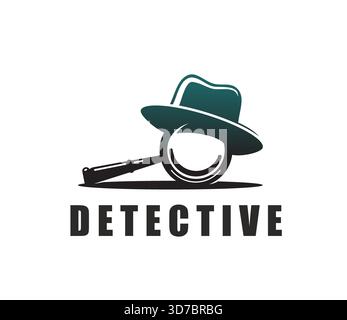 Icona o badge dell'agente di servizio investigativo. Icona detective dell'agenzia di sicurezza, simbolo astratto del vettore dell'ispettore di polizia. Emblema aziendale di investigatore privato o cartello con cappello su lente d'ingrandimento Illustrazione Vettoriale