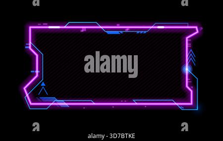 Risorsa cornice di gioco Violet neon, sovrapposizione interfaccia hud. Riquadro vettoriale menu interfaccia utente elettronica, bordo design HUD con bagliore al neon. Poster con sovrapposizione dell'interfaccia digitale o banner futuristico con interfaccia utente a luce LED Illustrazione Vettoriale