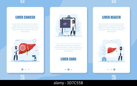 Set banner Hepatology. Malattia epatica impostata. Visita medica e terapia da parte dell'epatologo per diagnosi e prevenzione. Progettazione vettoriale Illustrazione Vettoriale