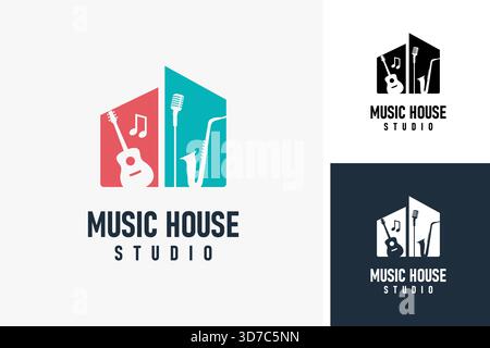 Strumento musicale e forma della casa per il design del logo dello studio musicale Illustrazione Vettoriale