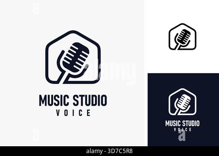 Microfono e linea House per il design del logo dello studio musicale Illustrazione Vettoriale