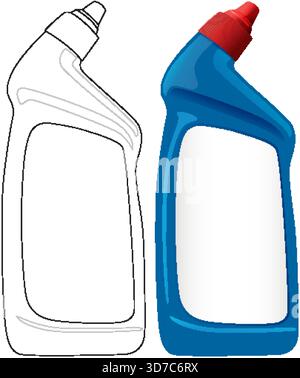Flacone di detergente vettoriale realistico e di contorno, in plastica blu con tappo rosso, isolato su bianco Illustrazione Vettoriale