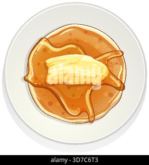 Illustrazione vettoriale del pancake ricoperto di burro e sciroppo, vista dall'alto verso il basso, colori brillanti Illustrazione Vettoriale