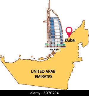 Illustrazione vettoriale dell'iconico hotel di Dubai sulla mappa degli Emirati Arabi Uniti, colori semplici, composizione chiara. Illustrazione Vettoriale