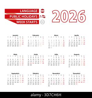 Calendario 2026 in lingua lettone con giorni festivi il paese della Lettonia nel 2026. La settimana inizia da lunedì. Illustrazione vettoriale. Illustrazione Vettoriale
