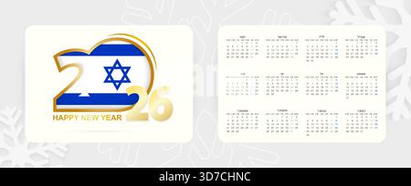 Calendario tascabile orizzontale 2026 in lingua ebraica. Icona anno nuovo 2026 con bandiera di Israele. Calendario vettoriale. Illustrazione Vettoriale