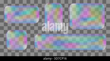 Elementi UX dell'interfaccia utente dei telai in vetro dell'ologramma 3d Y2K. Set vettoriale di cartelloni pubblicitari geometrici traslucidi per la decorazione e la copertura. Design moderno ed elegante adatto per siti Web e interfacce utente. Illustrazione Vettoriale